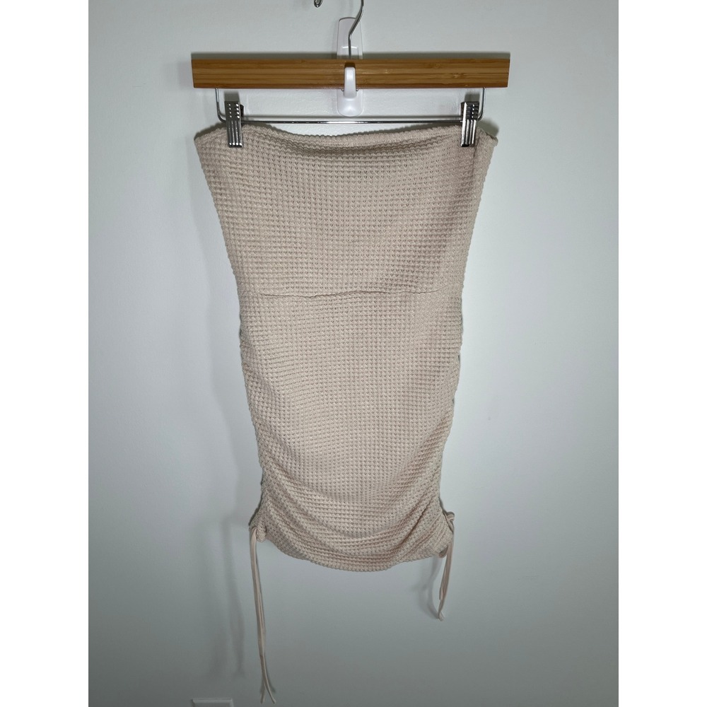 Boho Coastal Crochet Womens Dress M Beige Ruched Beach Vacation Stretch